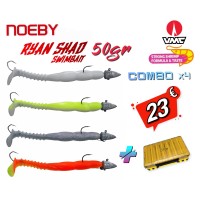 COMBO x4 Σιλικόνες Ψαρέματος NOEBY RYAN SHAD  15cm 50gr Αρματωμένες Με VMC Αγκίστρι και Δώρο Θήκη Μεταφοράς Τεχνητών Διπλής Όψεως Large